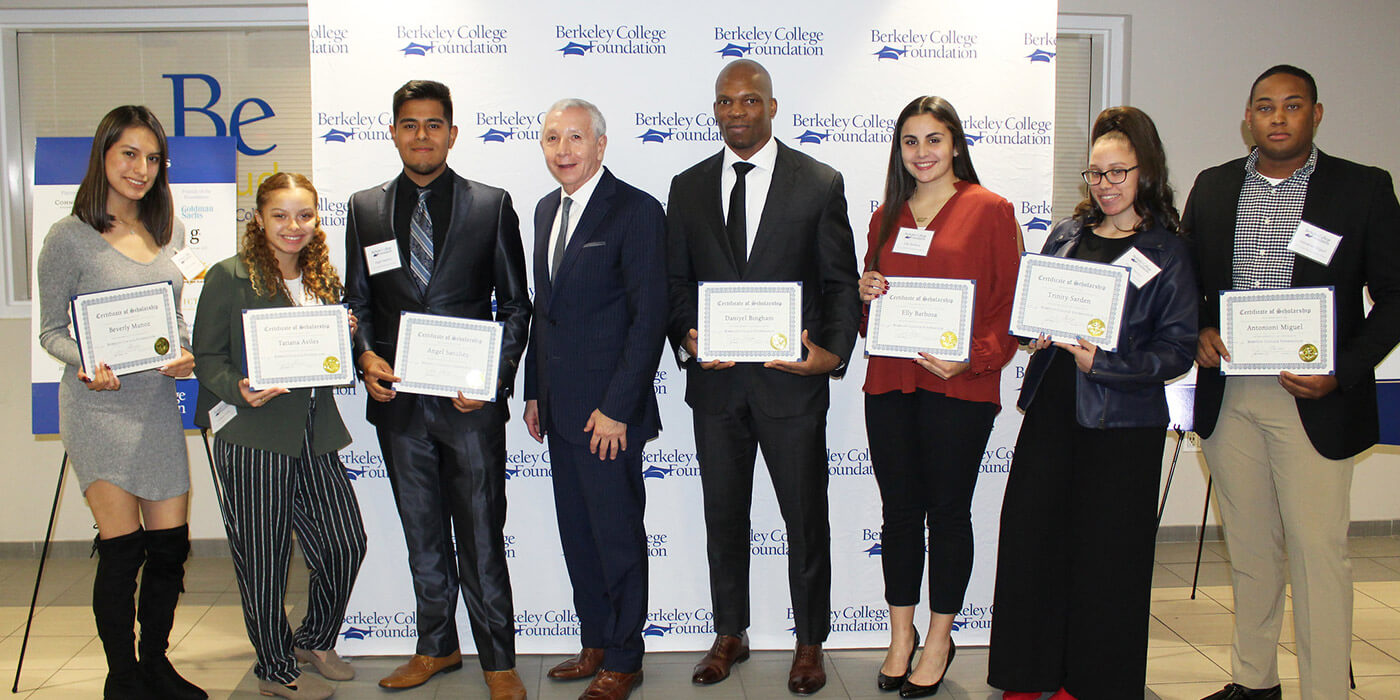 Six of the 10 first-year Berkeley College students who received scholarships through the Berkeley College Foundation