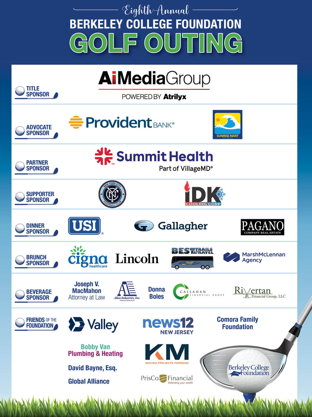 Eight annual Berkeley College Foundation Golf outing 2025 Sponsors banner
