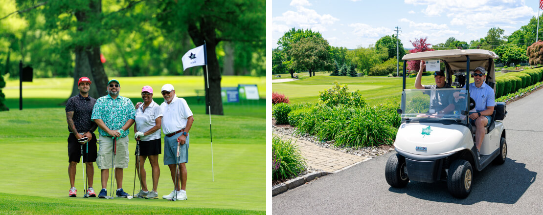 A golf cart drives through a lush golf course, while four players stand together, smiling, preparing for their performance at the golf course.