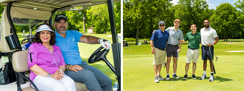 A man and woman smiling on a golf course while others gather in the background