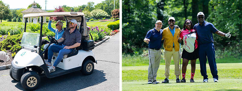 A golf cart drives through a lush golf course, while four players stand together, smiling, preparing for their next shot.