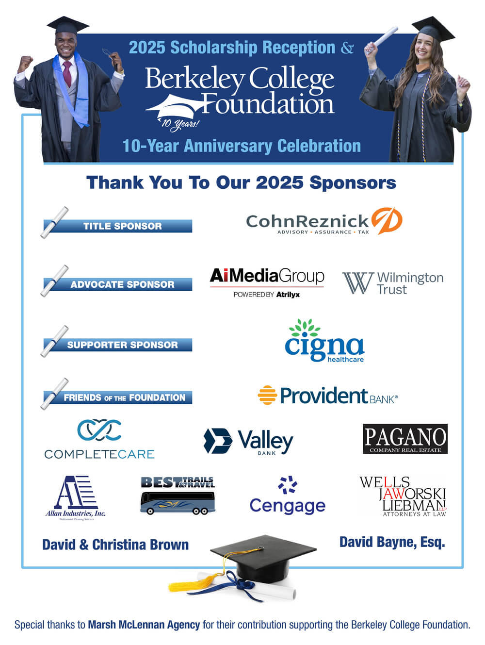 Banner for the 2025 Scholarship Reception celebrating the Berkeley College Foundation's 10-year anniversary, listing sponsors and supporters.